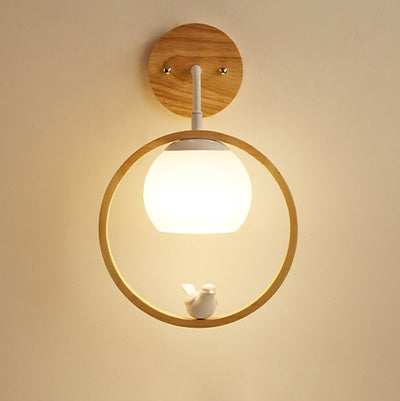 Contemporary Creative Bird Glass Wood 1- Light Wall Sconce Lamp For Living Room