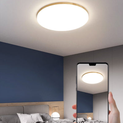 Modern Simplicity Round Acrylic Wood Edge LED Flush Mount Ceiling Light For Bedroom