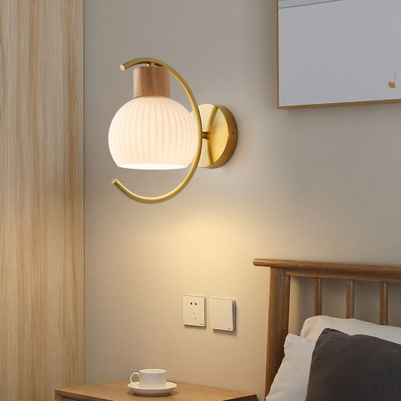 Contemporary Nordic Glass Wood 1- Light Wall Sconce Lamp For Bedroom