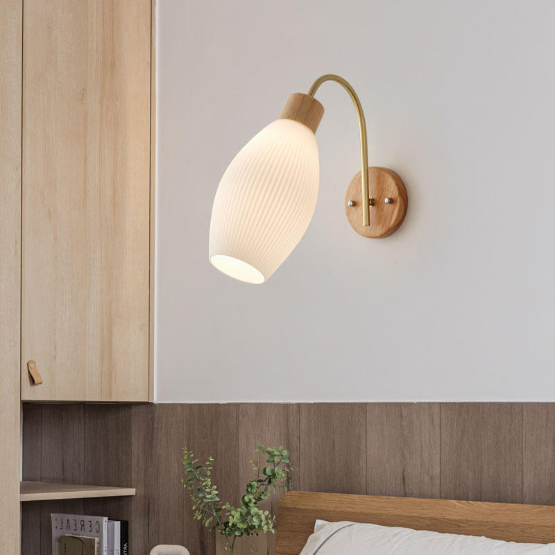 Contemporary Nordic Glass Wood 1- Light Wall Sconce Lamp For Bedroom