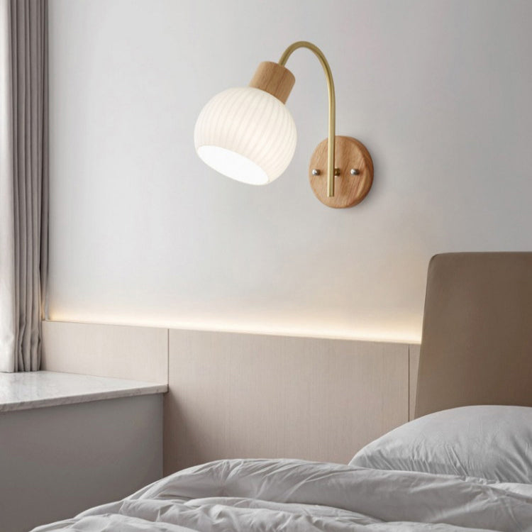 Contemporary Nordic Glass Wood 1- Light Wall Sconce Lamp For Bedroom