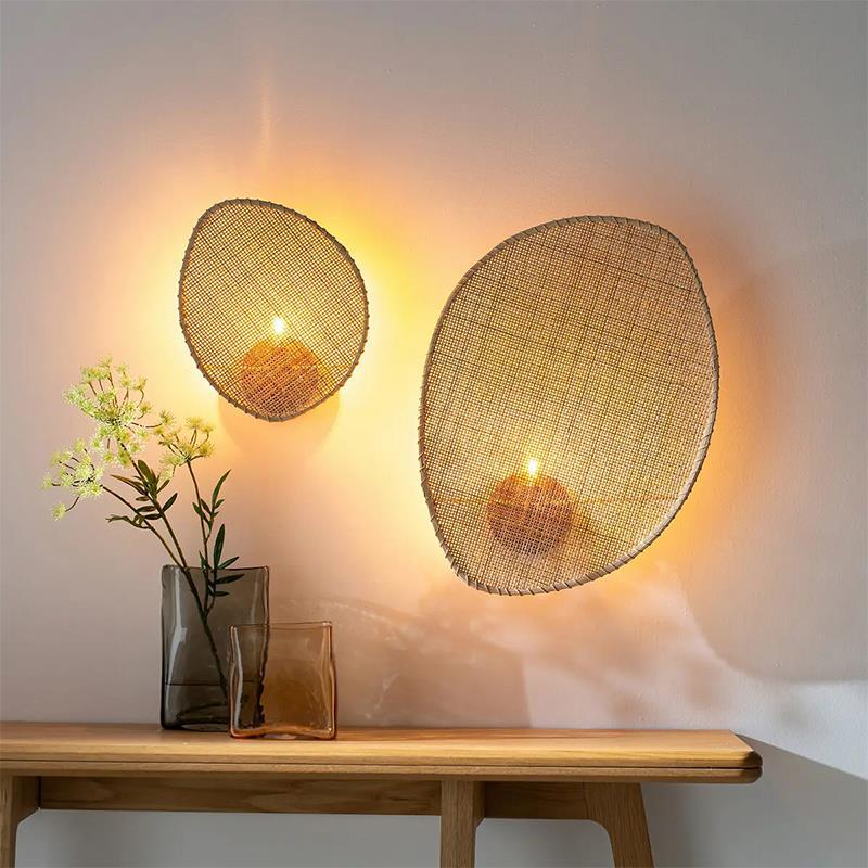 Contemporary Boho Leaf Shape Hardware Rattan 1 - Light Wall Sconce Lamp For Living Room