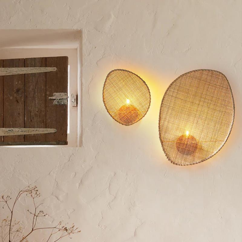 Contemporary Boho Leaf Shape Hardware Rattan 1 - Light Wall Sconce Lamp For Living Room