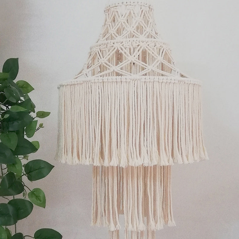 Lustre à 3 lumières en corde tressée avec abat-jour cylindrique en tissu Boho contemporain pour le salon 