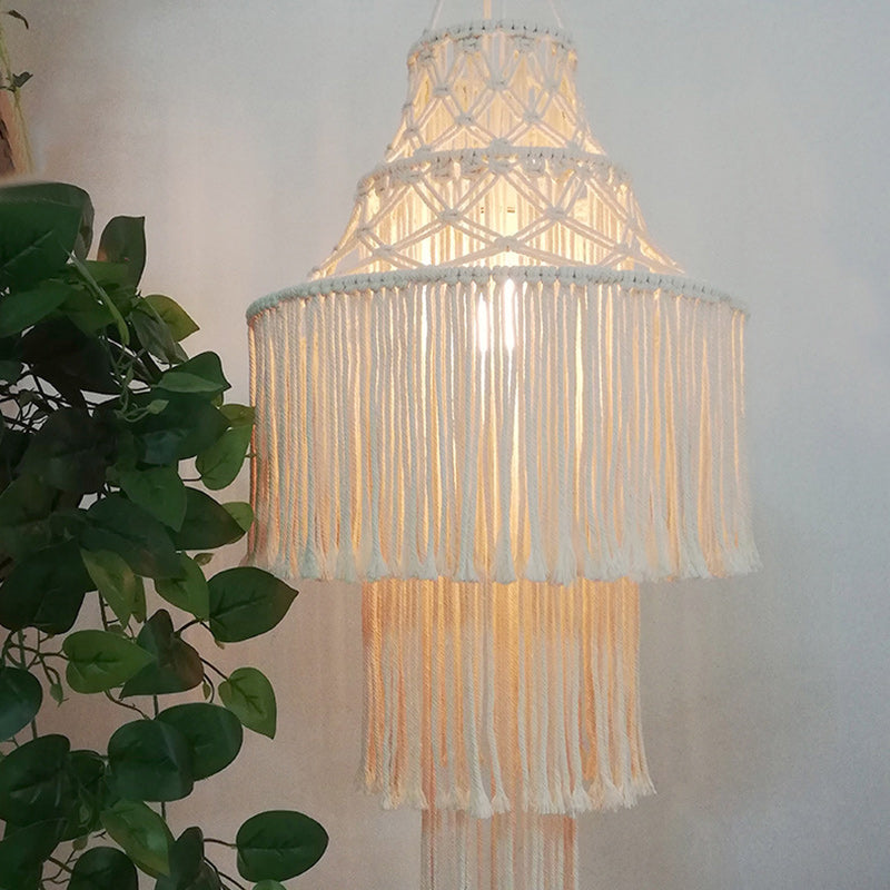 Lustre à 3 lumières en corde tressée avec abat-jour cylindrique en tissu Boho contemporain pour le salon 