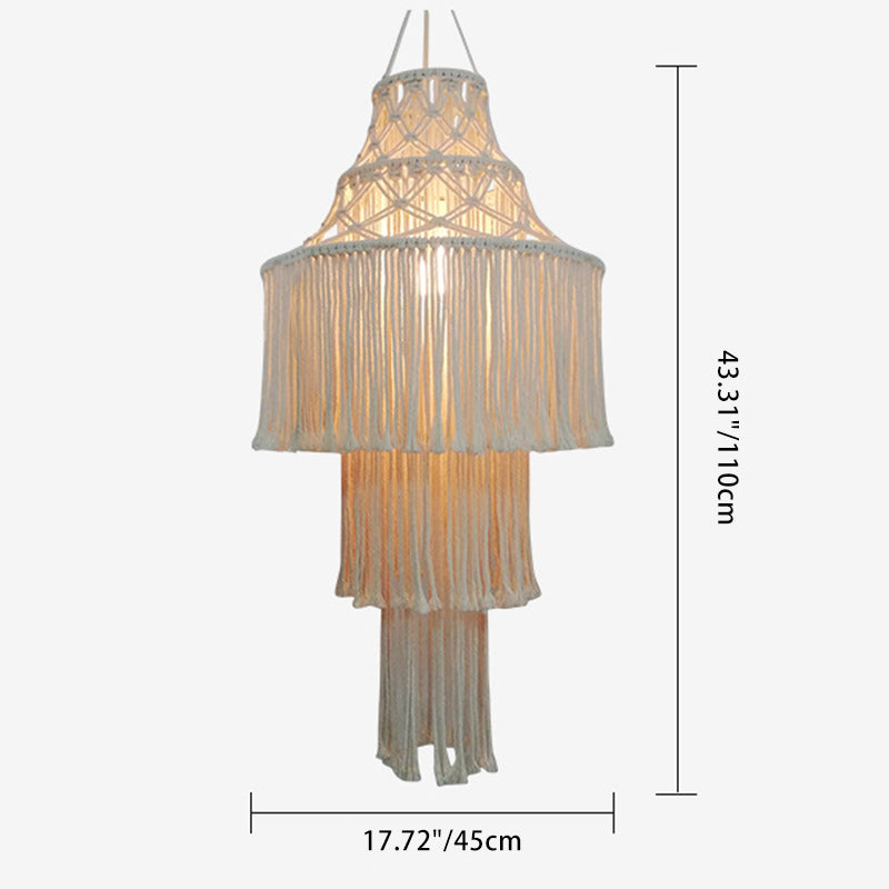 Lustre à 3 lumières en corde tressée avec abat-jour cylindrique en tissu Boho contemporain pour le salon 