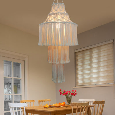 Contemporary Boho Fabric Tassel Braided Rope 1-Light Chandelier For Dining Room