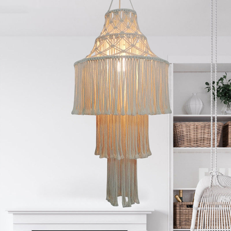 Lustre à 3 lumières en corde tressée avec abat-jour cylindrique en tissu Boho contemporain pour le salon 