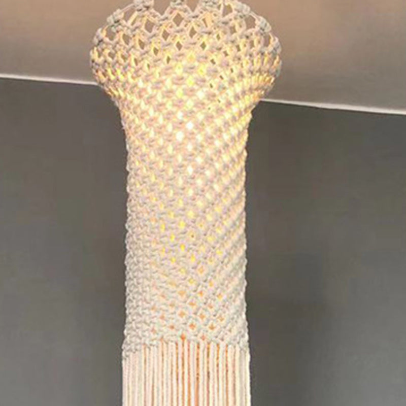 Lustre à 3 lumières en corde tressée avec abat-jour cylindrique en tissu Boho contemporain pour le salon 