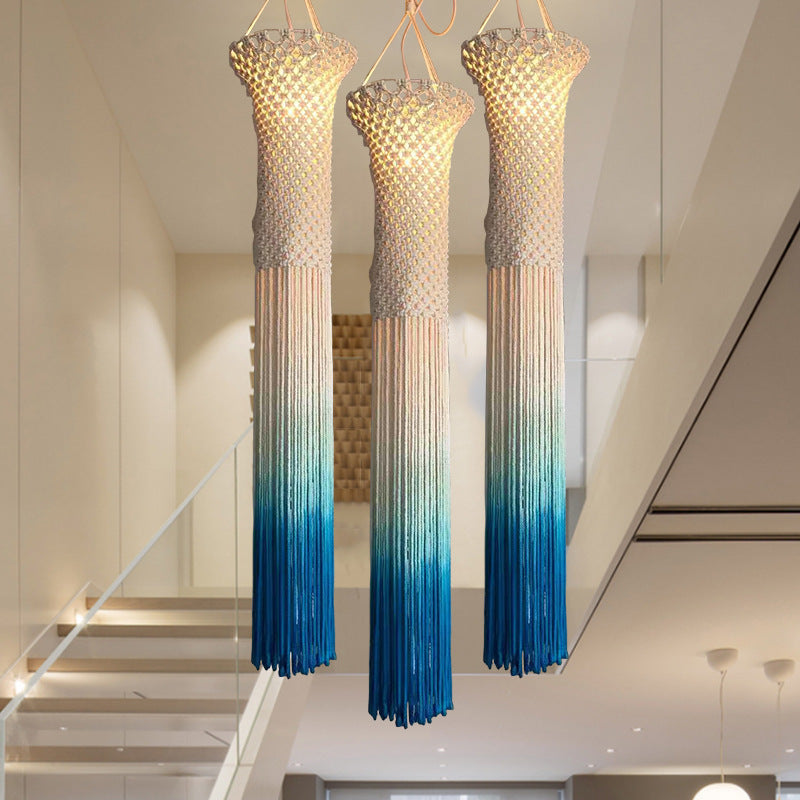 Contemporary Boho Fabric Long Strip Tassel Braided Rope 1-Light Chandelier For Hallways