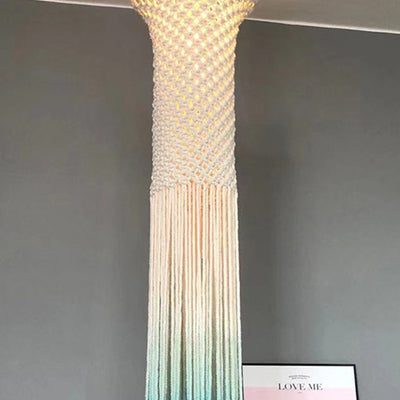 Lustre à 3 lumières en corde tressée avec abat-jour cylindrique en tissu Boho contemporain pour le salon 