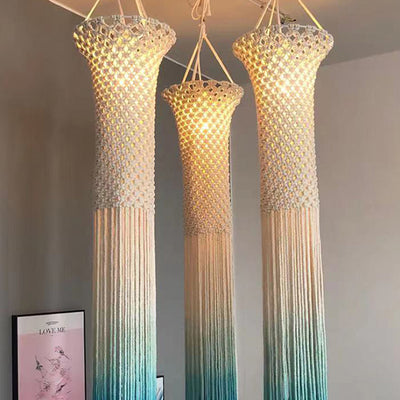 Lustre à 3 lumières en corde tressée avec abat-jour cylindrique en tissu Boho contemporain pour le salon 