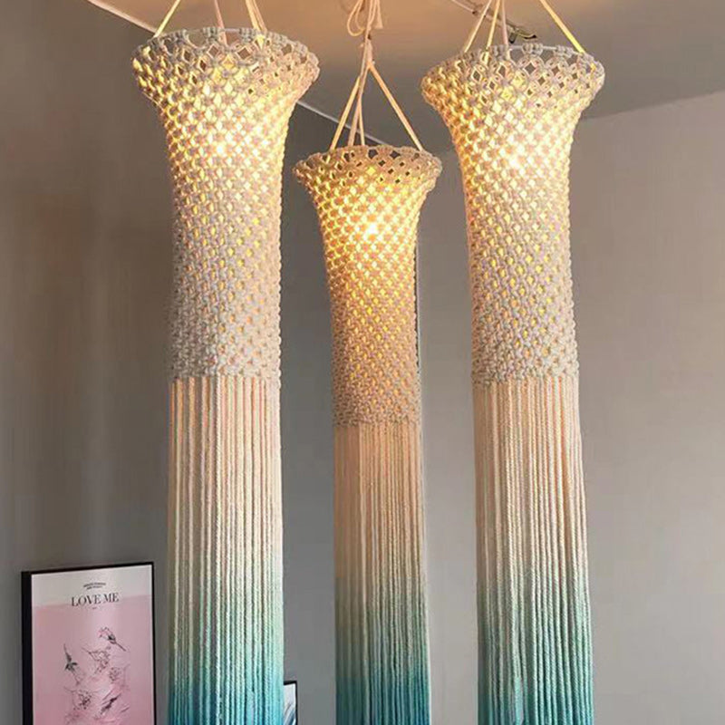 Lustre à 3 lumières en corde tressée avec abat-jour cylindrique en tissu Boho contemporain pour le salon 