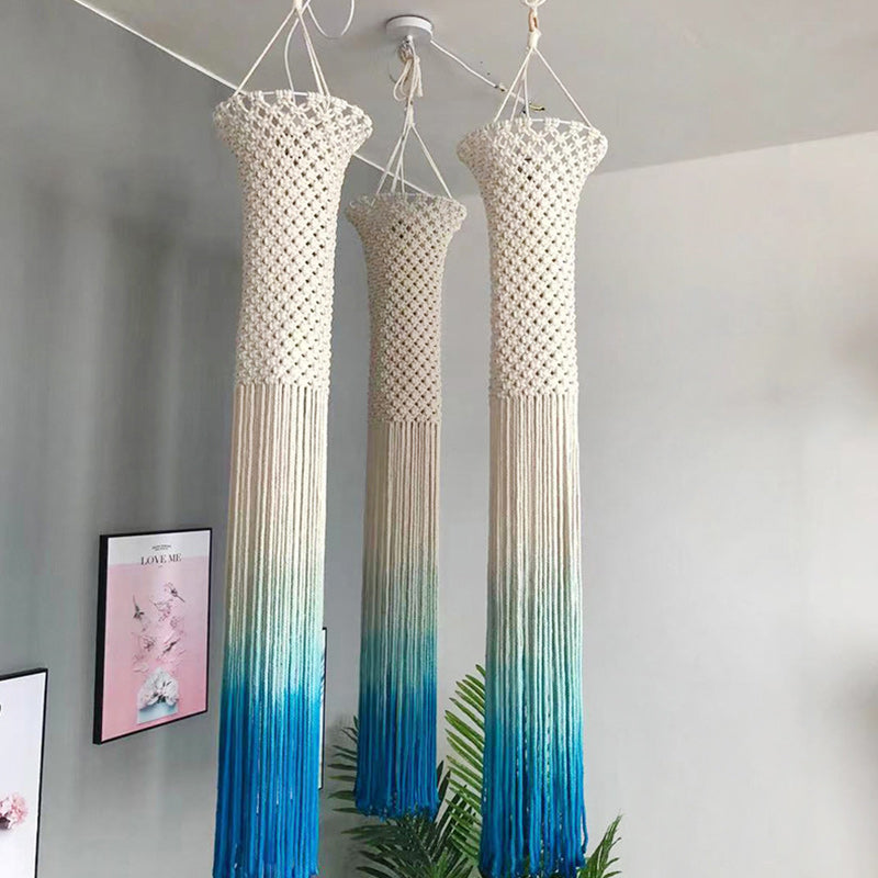 Lustre à 3 lumières en corde tressée avec abat-jour cylindrique en tissu Boho contemporain pour le salon 