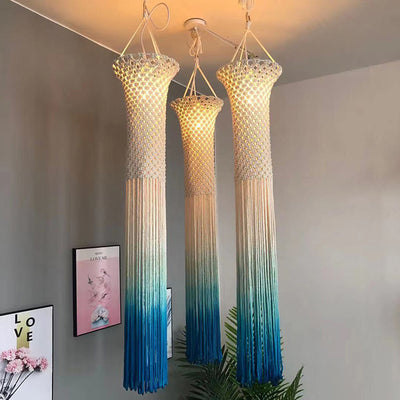 Lustre à 3 lumières en corde tressée avec abat-jour cylindrique en tissu Boho contemporain pour le salon 