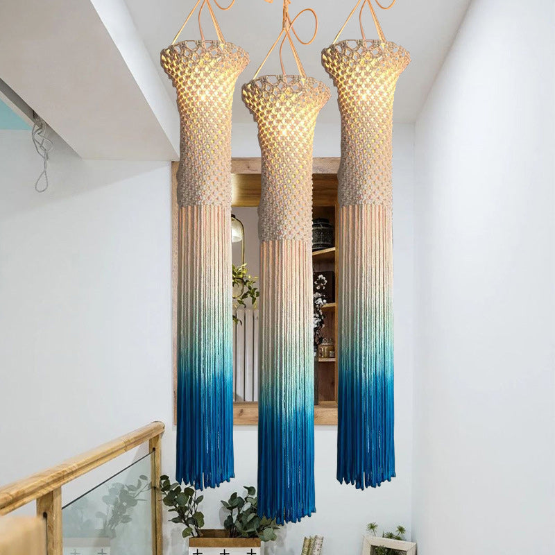 Lustre à 3 lumières en corde tressée avec abat-jour cylindrique en tissu Boho contemporain pour le salon 