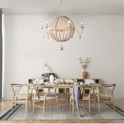 Contemporary Boho Spherical Wooden Beads Iron 6+3 - Light Chandeliers For Dining Room