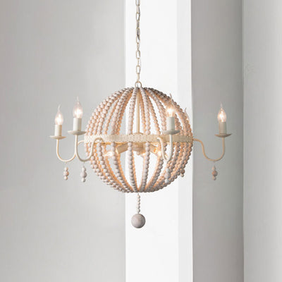 Contemporary Boho Spherical Wooden Beads Iron 6+3 - Light Chandeliers For Dining Room