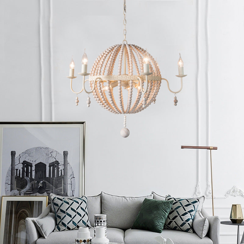 Contemporary Boho Spherical Wooden Beads Iron 6+3 - Light Chandeliers For Dining Room