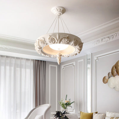 Traditional French Resin Glass Round Carved LED Chandeliers For Living Room