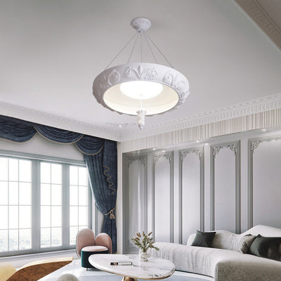 Traditional French Resin Glass Round Carved LED Chandeliers For Living Room