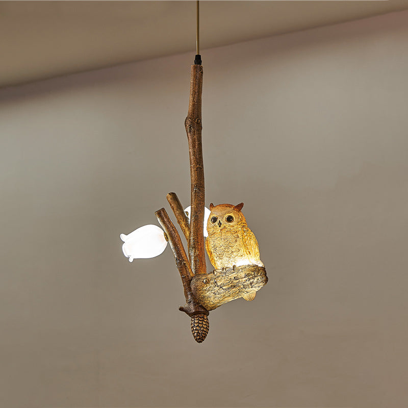 Contemporary Creative Branch Parrot Owl Resin Acrylic 3 - Light Pendant Light For Dining Room