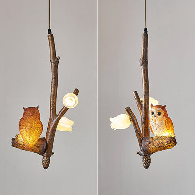 Contemporary Creative Branch Parrot Owl Resin Acrylic 3 - Light Pendant Light For Dining Room