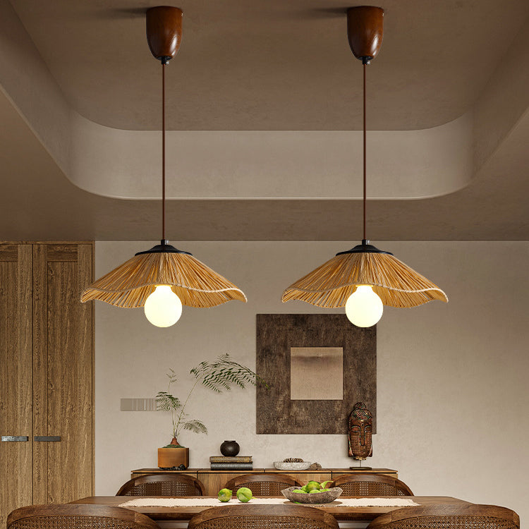 Traditional Chinese Umbrella Shape Grass Weaving Shade 1-Light Pendant Light For Dining Room