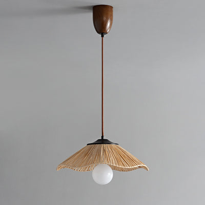 Traditional Chinese Umbrella Shape Grass Weaving Shade 1-Light Pendant Light For Dining Room