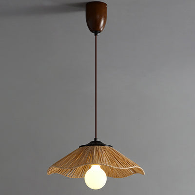 Traditional Chinese Umbrella Shape Grass Weaving Shade 1-Light Pendant Light For Dining Room