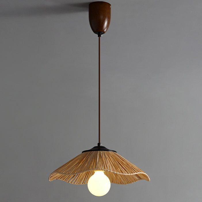 Traditional Chinese Umbrella Shape Grass Weaving Shade 1-Light Pendant Light For Dining Room