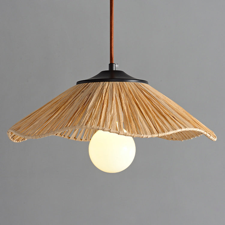 Traditional Chinese Umbrella Shape Grass Weaving Shade 1-Light Pendant Light For Dining Room