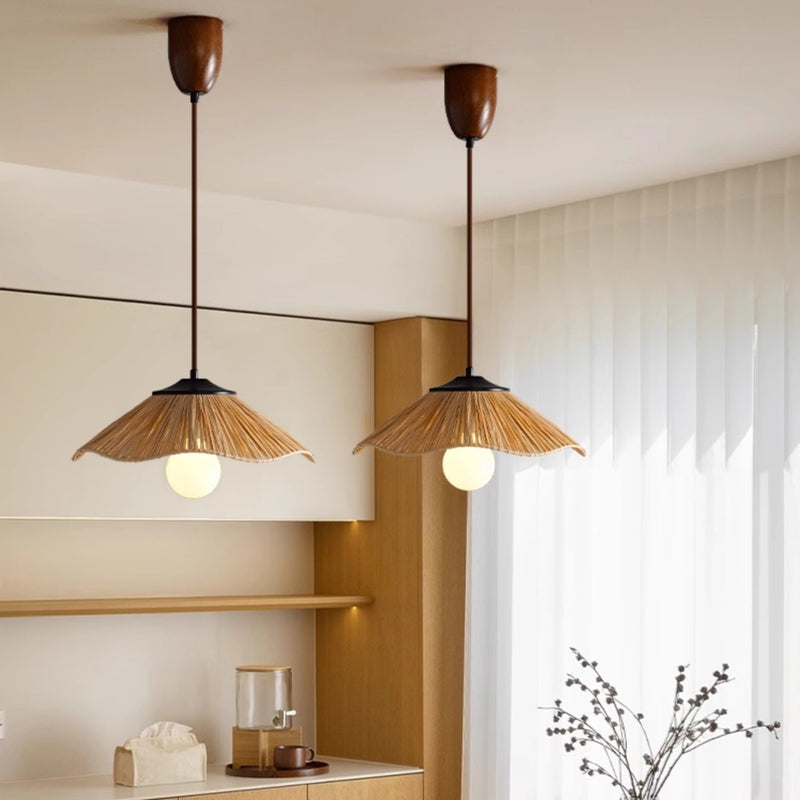 Traditional Chinese Umbrella Shape Grass Weaving Shade 1-Light Pendant Light For Dining Room