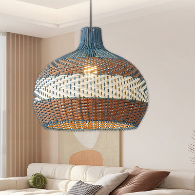 Contemporary Boho Round Rattan 1 - Light Pendant Light For Dining Room