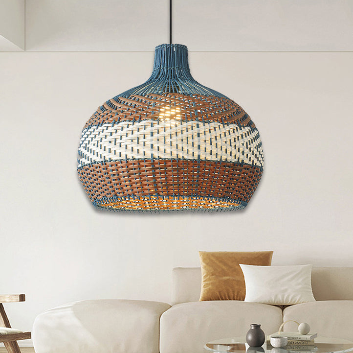 Contemporary Boho Round Rattan 1 - Light Pendant Light For Dining Room