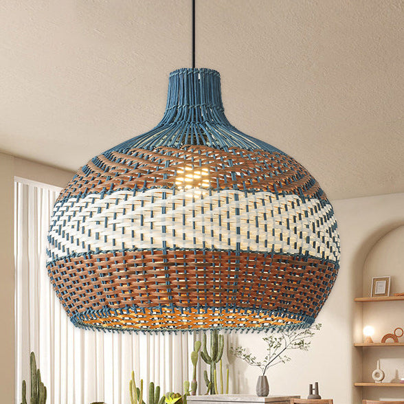 Contemporary Boho Round Rattan 1 - Light Pendant Light For Dining Room