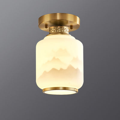 Traditional Chinese Copper Glass Painting 1 - Light Flush Mount Ceiling Light For Hallways