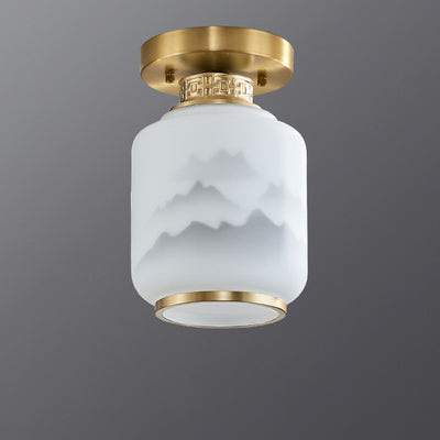 Traditional Chinese Copper Glass Painting 1 - Light Flush Mount Ceiling Light For Hallways