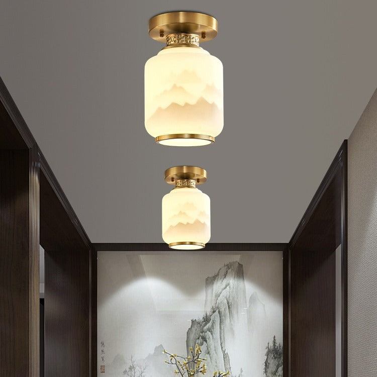 Traditional Chinese Copper Glass Painting 1 - Light Flush Mount Ceiling Light For Hallways