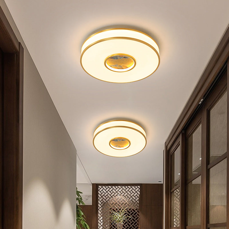 Traditional Chinese Round Lotus Acrylic Copper LED Flush Mount Ceiling Light For Living Room