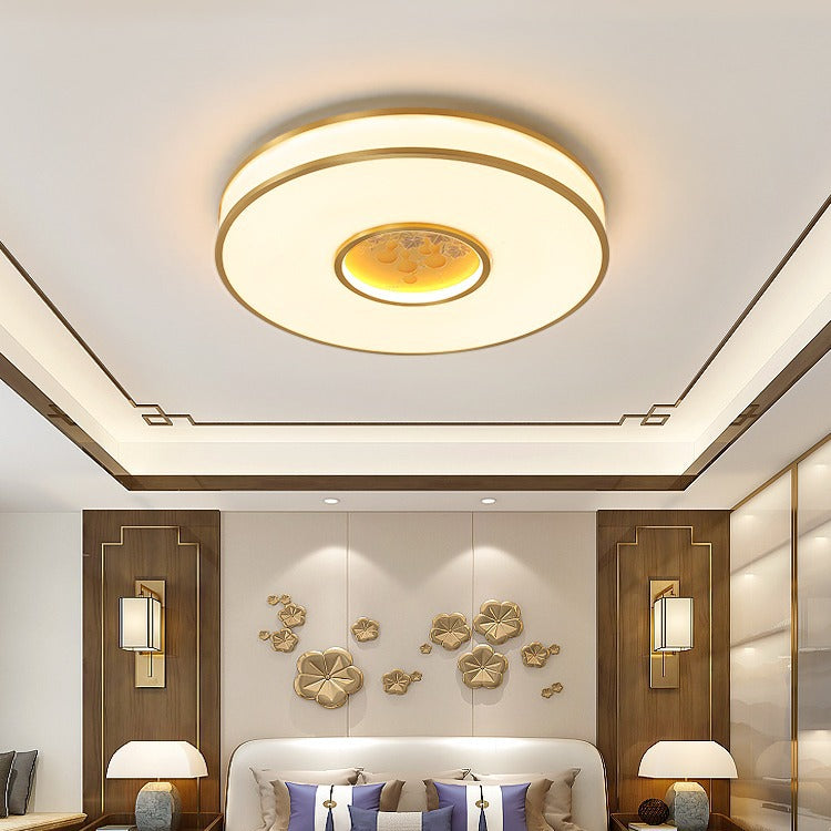 Traditional Chinese Round Lotus Acrylic Copper LED Flush Mount Ceiling Light For Living Room