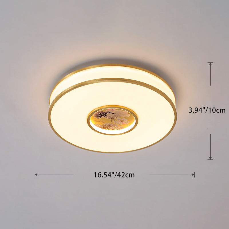 Traditional Chinese Round Lotus Acrylic Copper LED Flush Mount Ceiling Light For Living Room