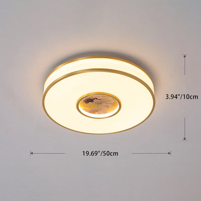 Traditional Chinese Round Lotus Acrylic Copper LED Flush Mount Ceiling Light For Living Room