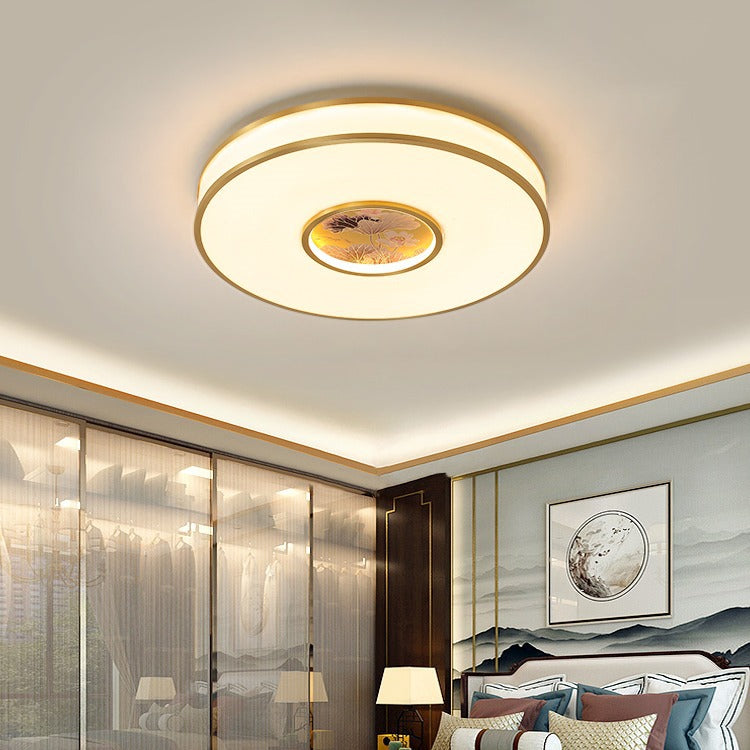 Traditional Chinese Round Lotus Acrylic Copper LED Flush Mount Ceiling Light For Living Room