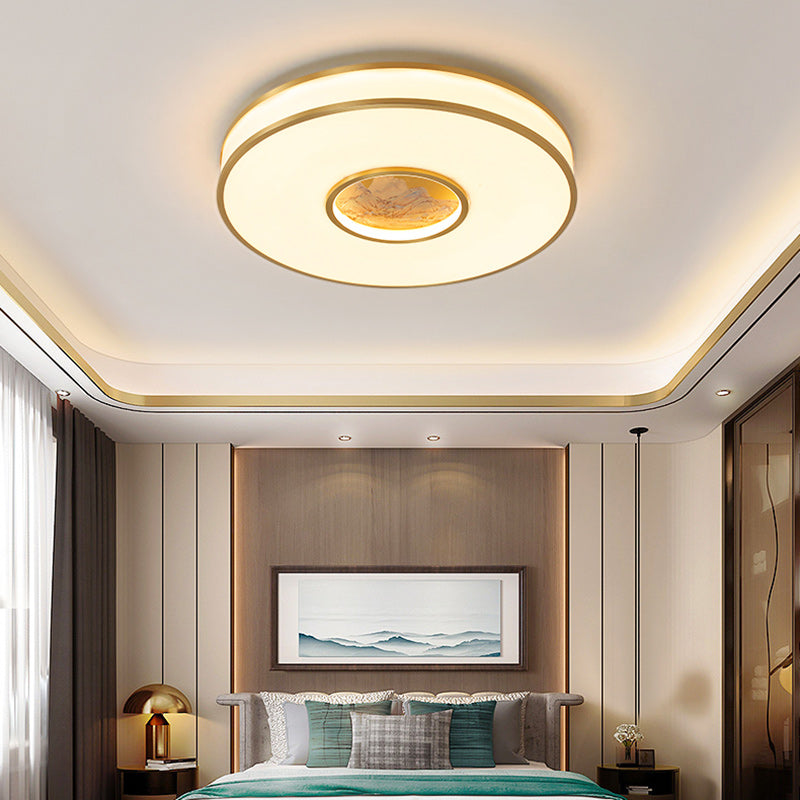 Traditional Chinese Round Lotus Acrylic Copper LED Flush Mount Ceiling Light For Living Room