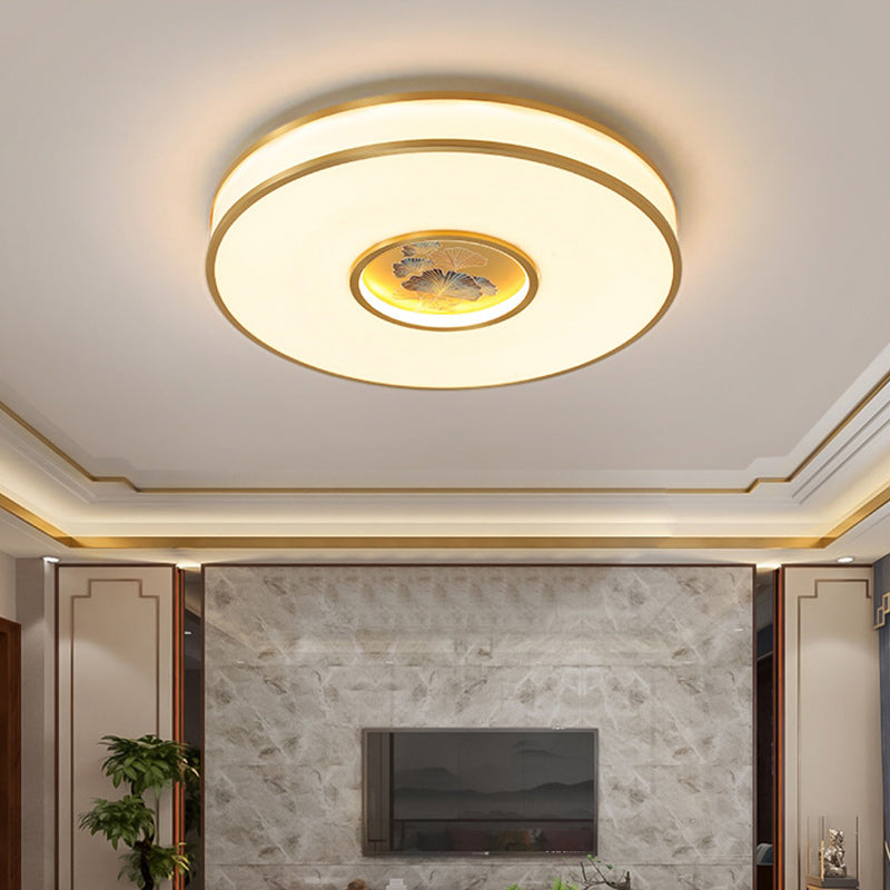 Traditional Chinese Round Lotus Acrylic Copper LED Flush Mount Ceiling Light For Living Room