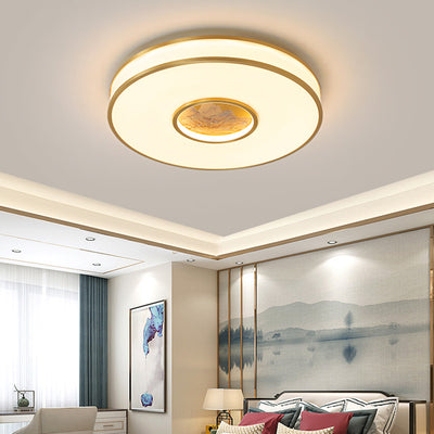 Traditional Chinese Round Lotus Acrylic Copper LED Flush Mount Ceiling Light For Living Room