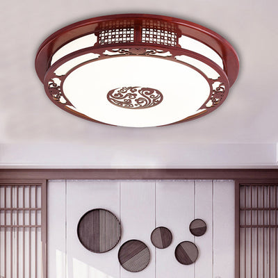 Traditional Chinese Round Oak PVC LED Flush Mount Ceiling Light For Living Room