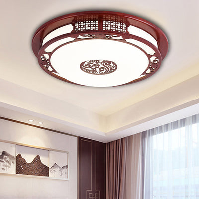 Traditional Chinese Round Oak PVC LED Flush Mount Ceiling Light For Living Room