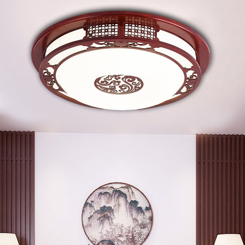 Traditional Chinese Round Oak PVC LED Flush Mount Ceiling Light For Living Room